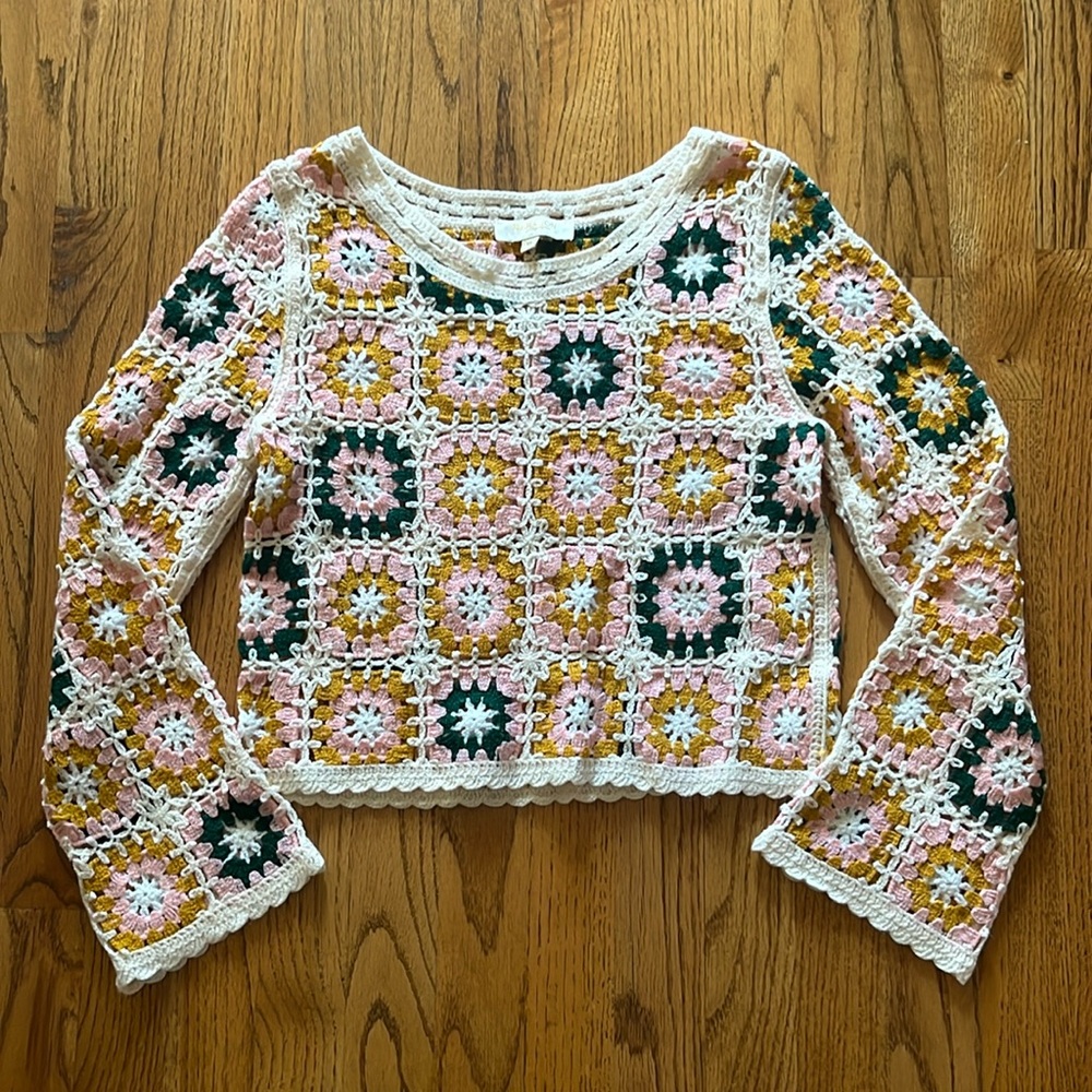 REBELLION CROCHET GRANNY SQUARE BOHO INDIE FESTIVAL CROP TOP XS / S